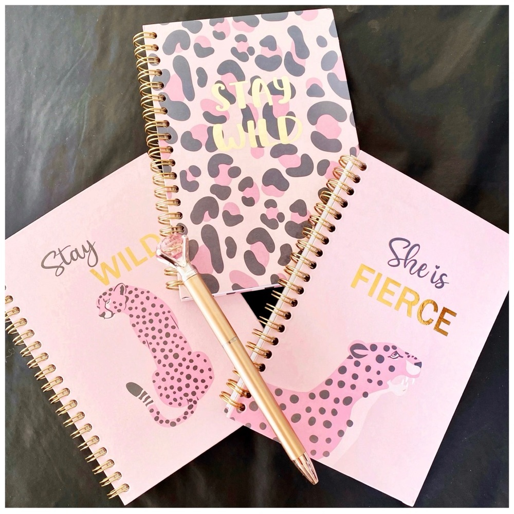 Cheetah Leopard Print Stay Wild She is Fierce Notebooks x3 in Pink—5x7 in.